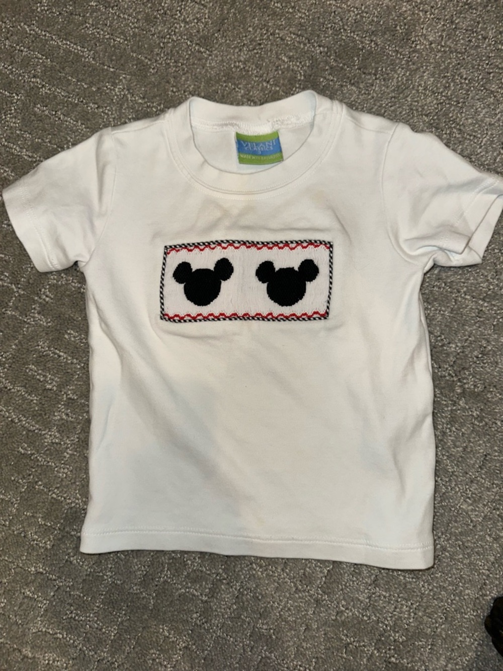 White Smocked Short-Sleeve Tee with Black Mickey Mouse Motif